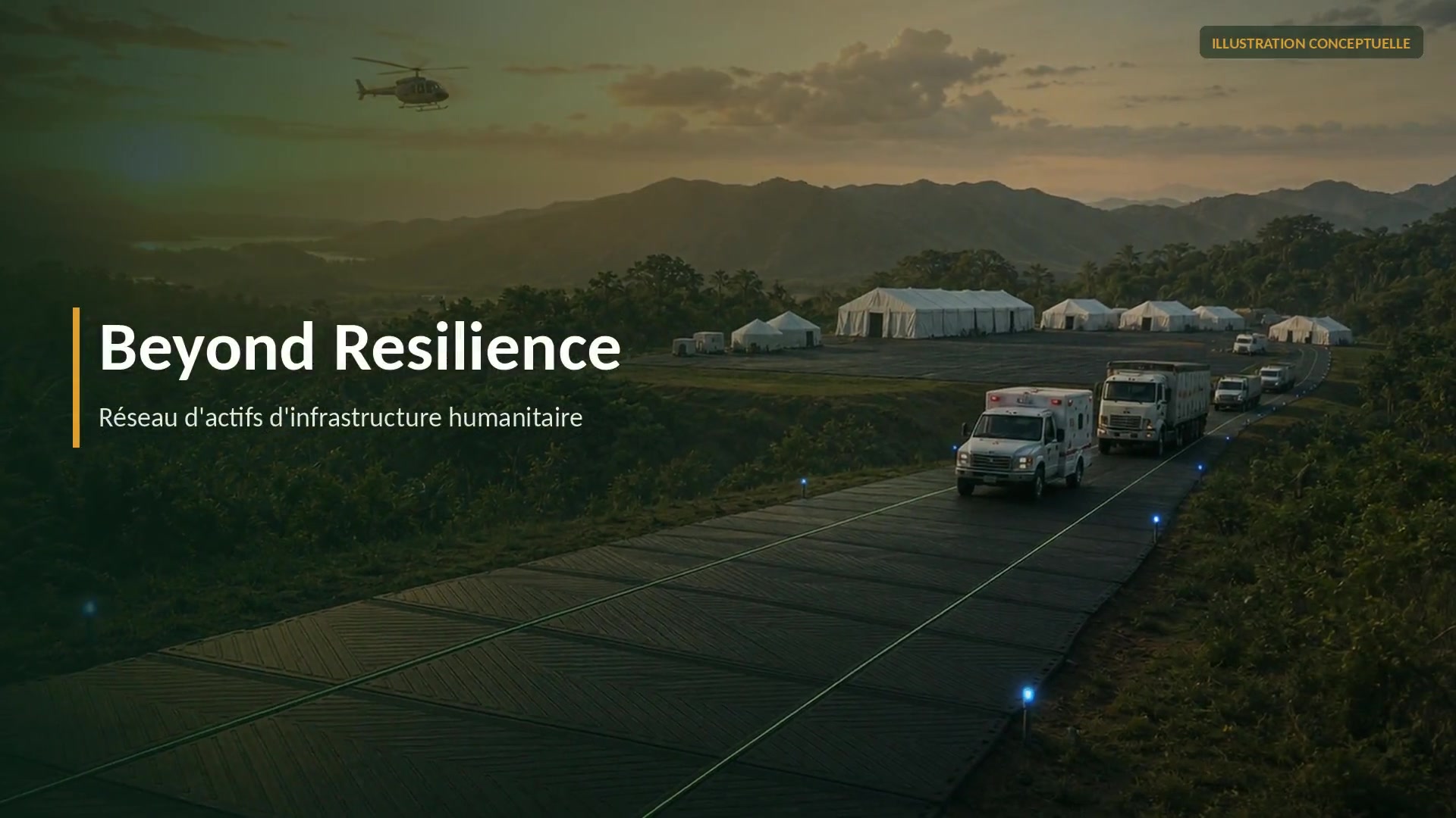 Convoi humanitaire circulant sur une infrastructure d’accès modulaire vers un camp isolé