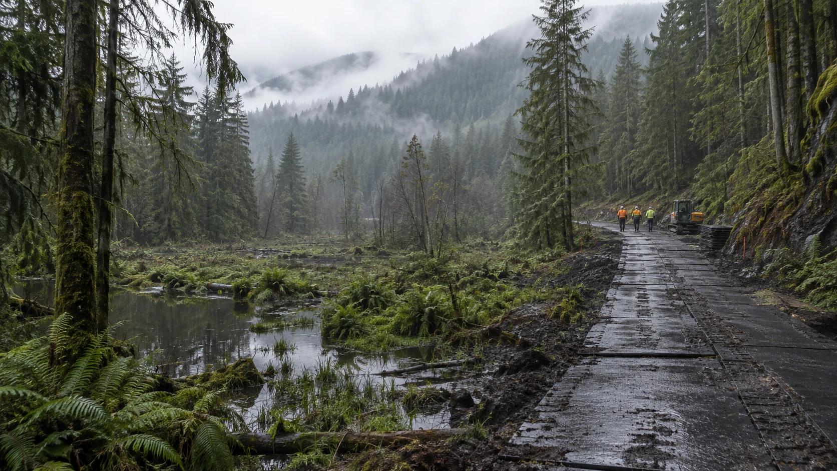 Temporary access corridor installed in a wet forest environment