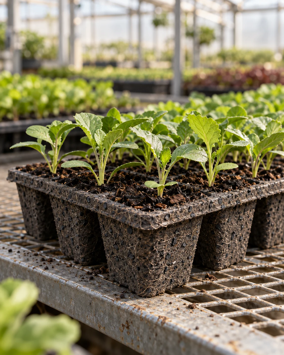 Dark fibre-moulded horticultural tray with seedlings