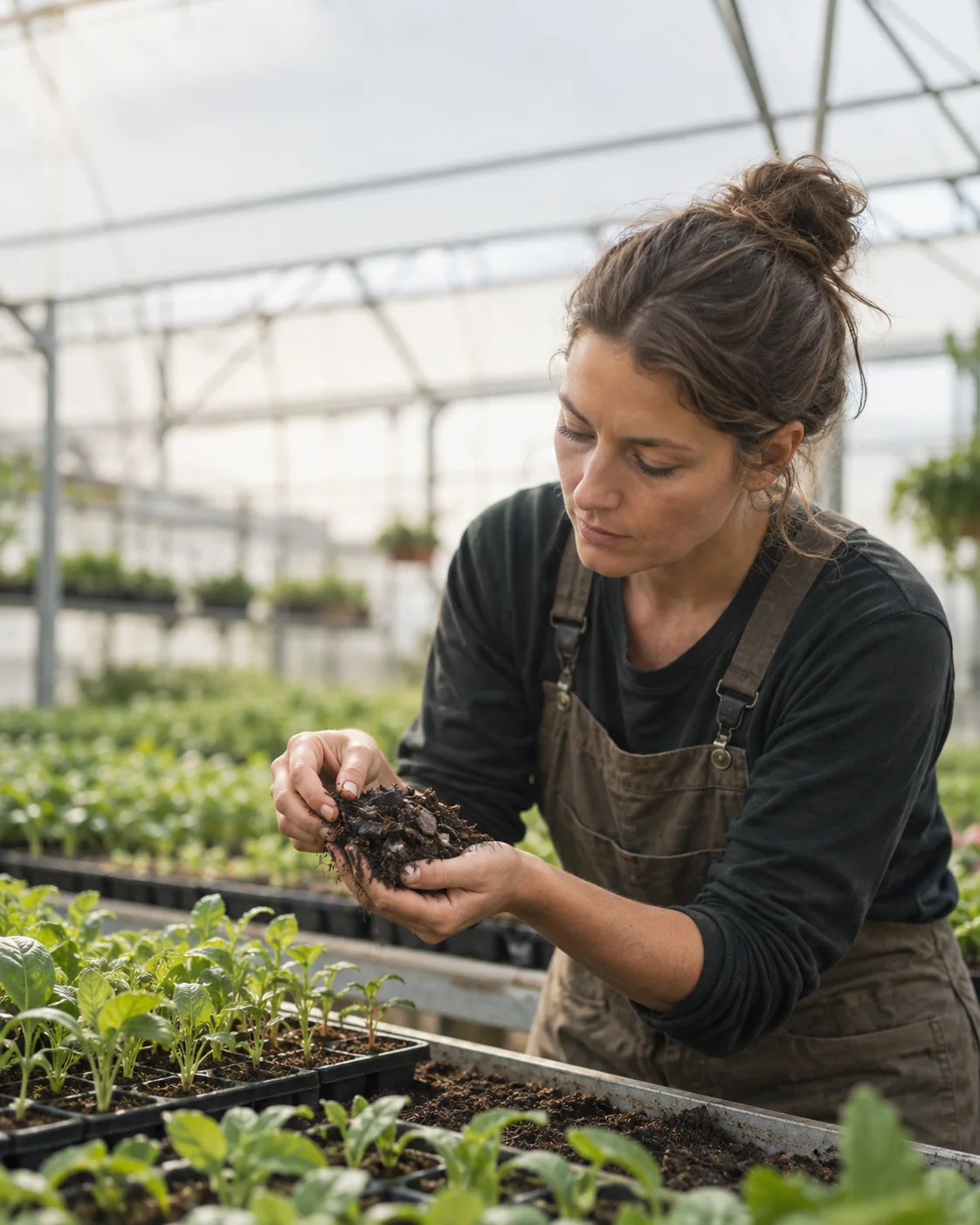 Horticulturist evaluating a substrate in a greenhouse
