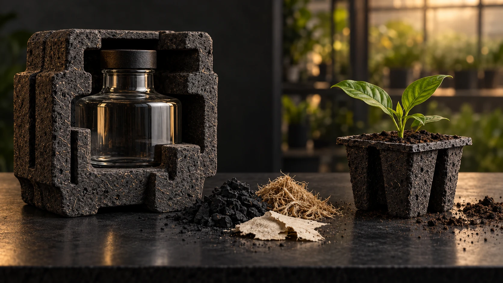 Illustration of a moulded protective insert around a glass bottle, alongside fibre and biochar samples and a potted plant.