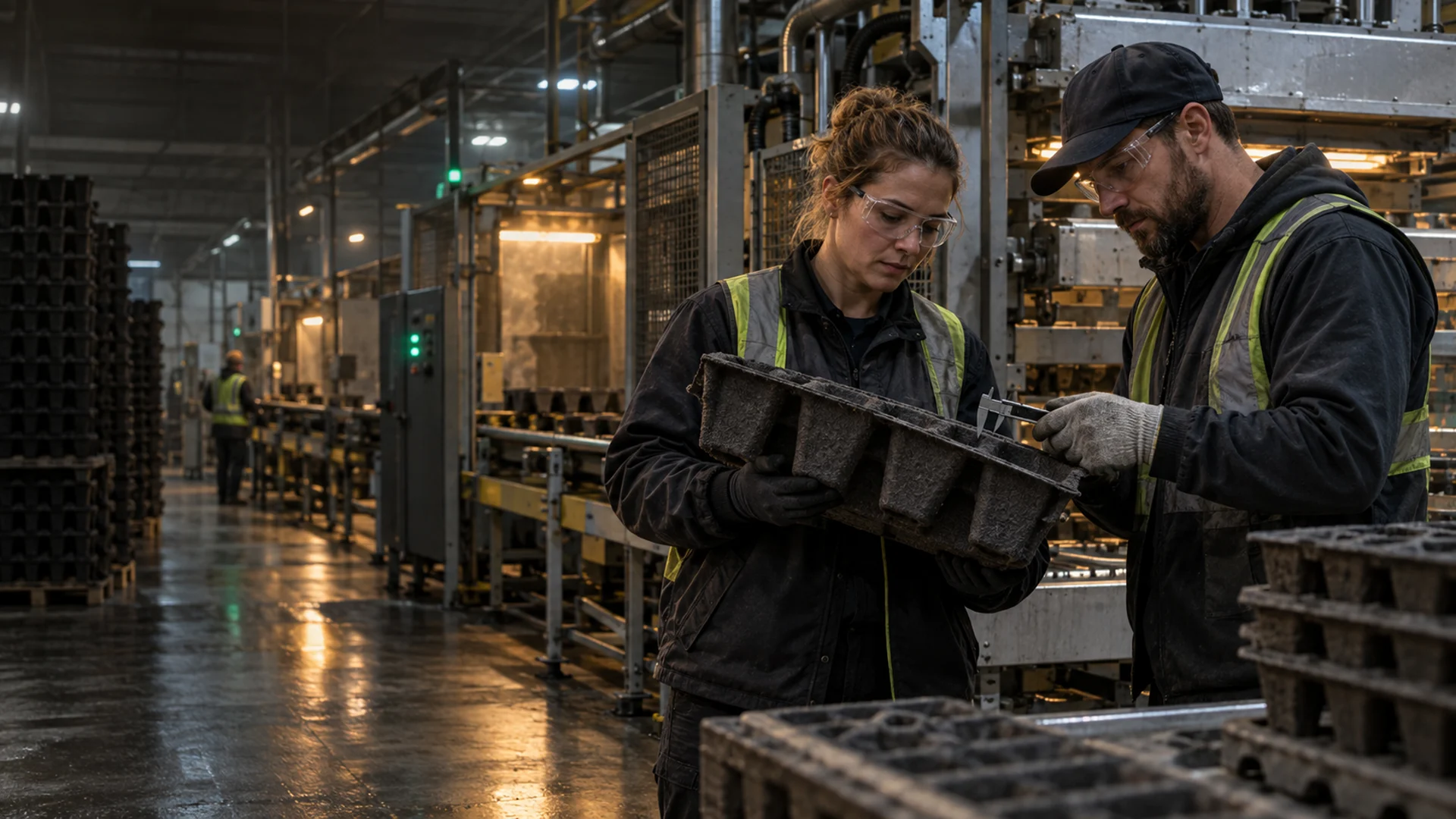 Specialists inspecting a fibre-moulded part at a manufacturing partner