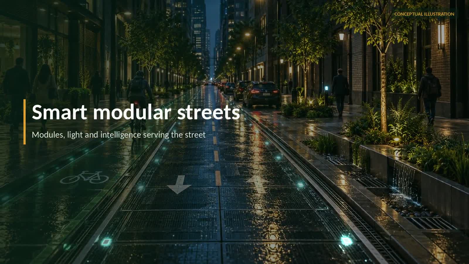 Smart modular street with illuminated guidance, water management and mobility